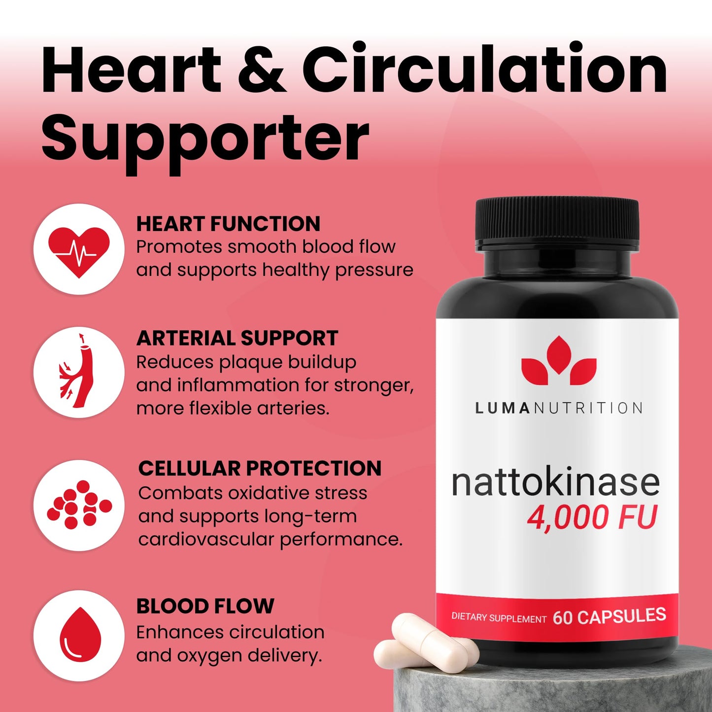 Luma Nutrition Nattokinase 4000 FU – Heart Health, Vegan & Gluten Free, 60 Caps, Made in USA