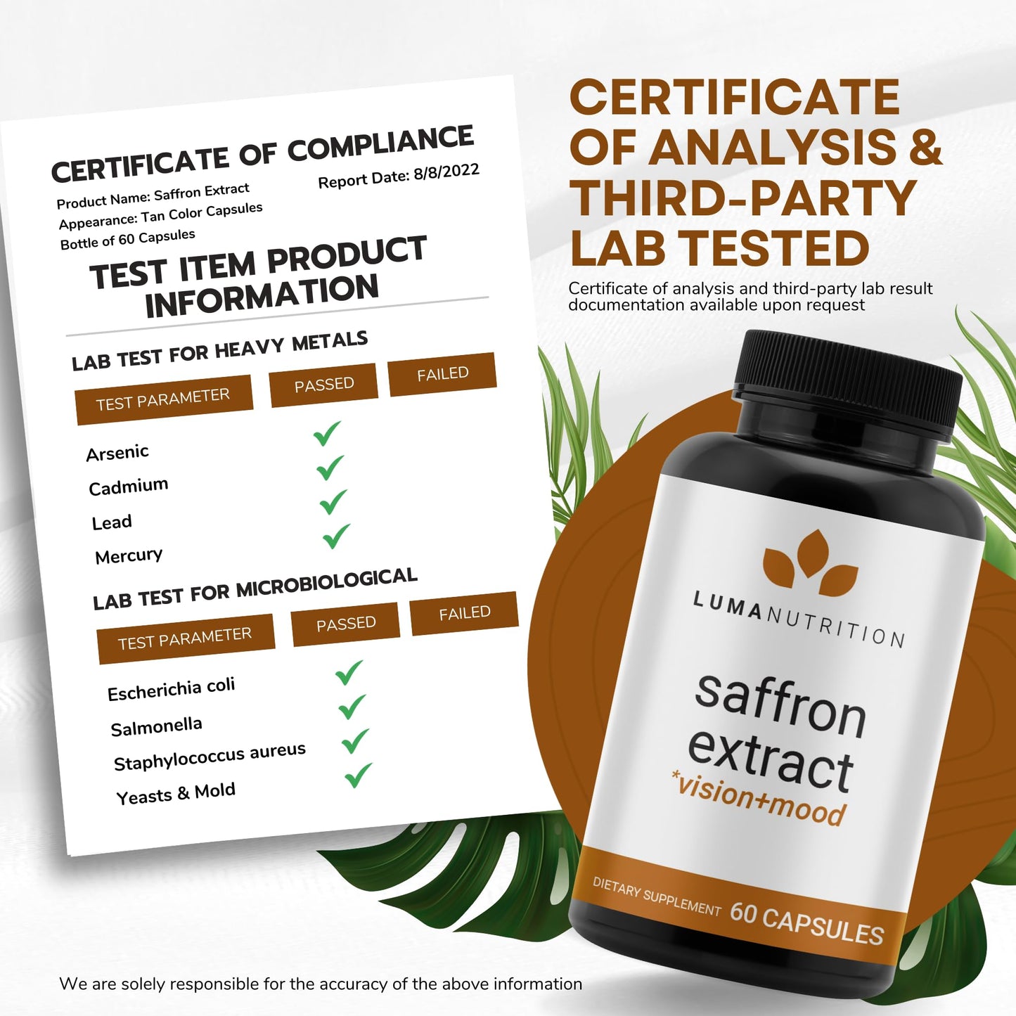 Luma Nutrition Saffron Extract Capsules – Mood & Eye Support – USA Made – 60 Capsules
