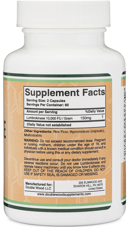 Lumbrokinase Enzymes Supplement - 120 Capsules | Max 10,000 FU/g | Non-GMO, Gluten Free | Double Wood