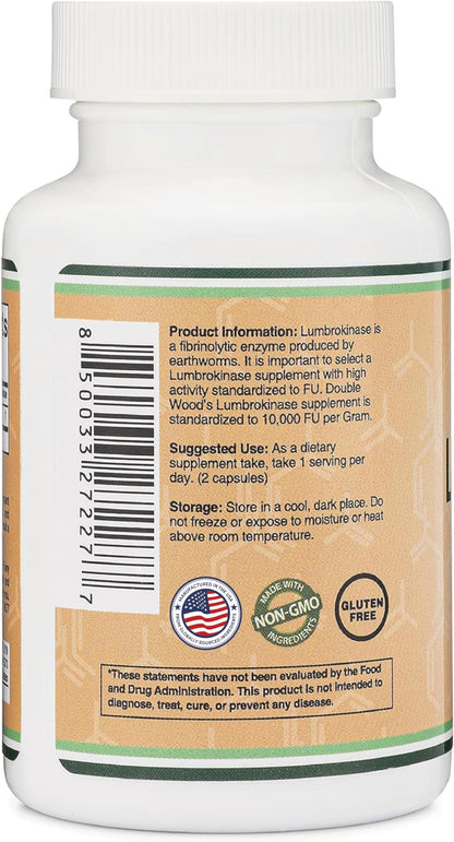 Lumbrokinase Enzymes Supplement - 120 Capsules | Max 10,000 FU/g | Non-GMO, Gluten Free | Double Wood
