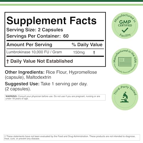 Lumbrokinase Enzymes Supplement - 120 Capsules | Max 10,000 FU/g | Non-GMO, Gluten Free | Double Wood