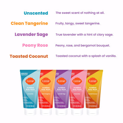 Lume Acidified Body Wash 5 Pack Minis – 24 Hour Odor Control, SLS & Paraben Free