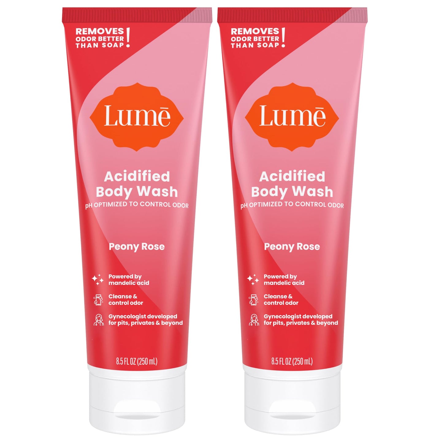 Lume Acidified Body Wash – 24 Hour Odor Control | Peony Rose | Pack of 2 (8.5 oz)