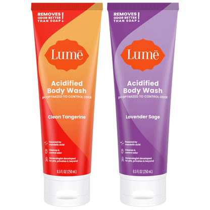 Lume Acidified Body Wash – 24-Hour Odor Control, SLS/Paraben Free, OB/GYN Developed – 8.5 oz Pack of 2 (Clean Tangerine & Lavender Sage)