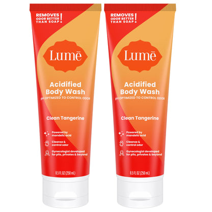 Lume Acidified Body Wash - 24 Hour Odor Control, Clean Tangerine, SLS & Paraben Free (8.5 oz Pack of 2)