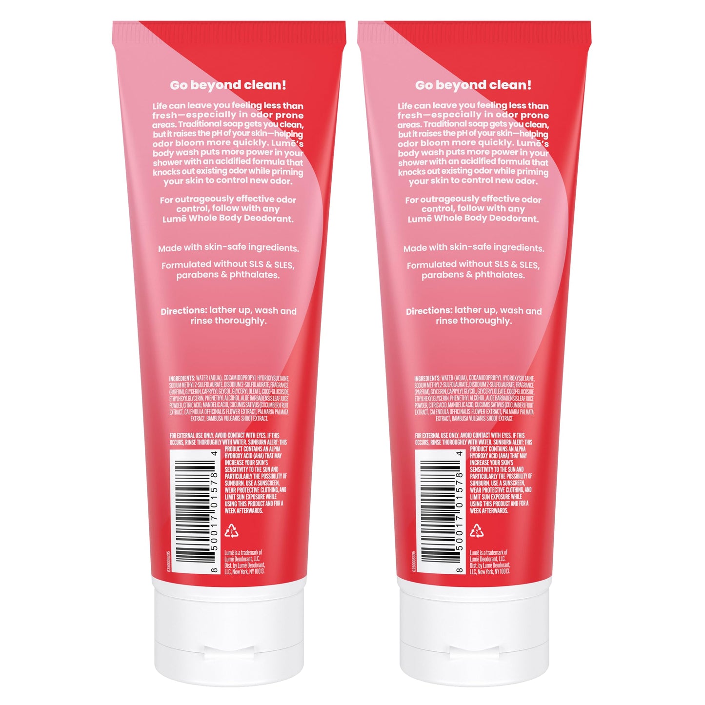 Lume Acidified Body Wash – 24 Hour Odor Control | Peony Rose | Pack of 2 (8.5 oz)