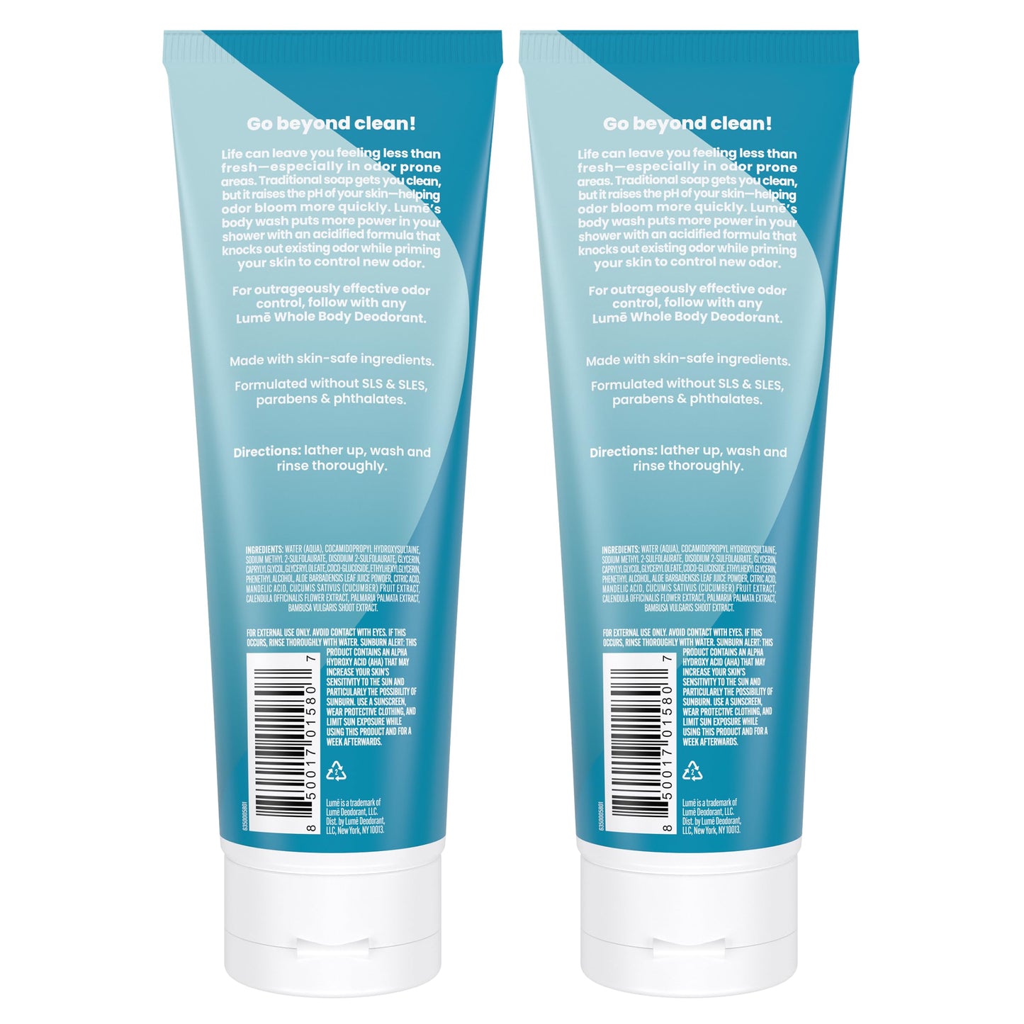 Lume Acidified Body Wash - 24 Hour Odor Control - Unscented, SLS/SLES and Paraben Free | 8.5 oz (Pack of 2)