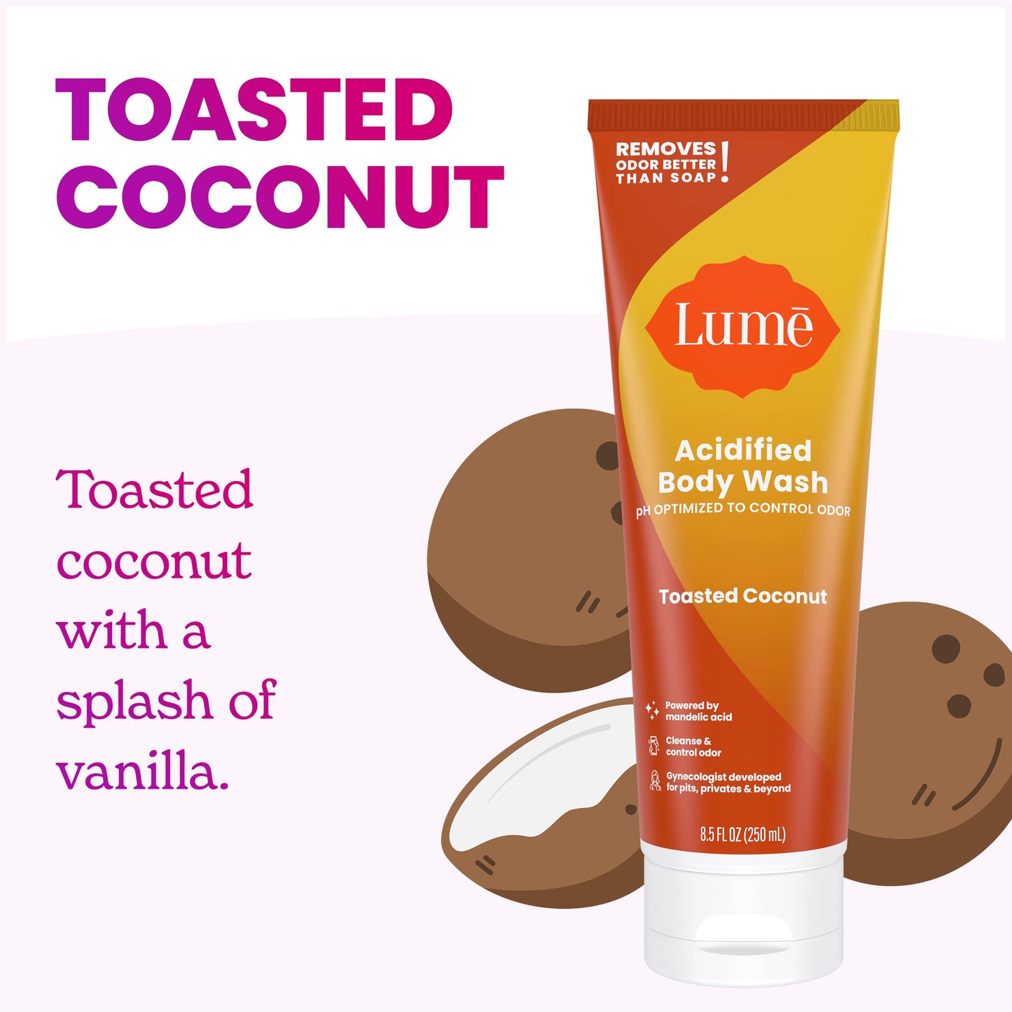 Lume Acidified Body Wash – 24 Hour Odor Control, Toasted Coconut, 8.5 oz (Pack of 2)