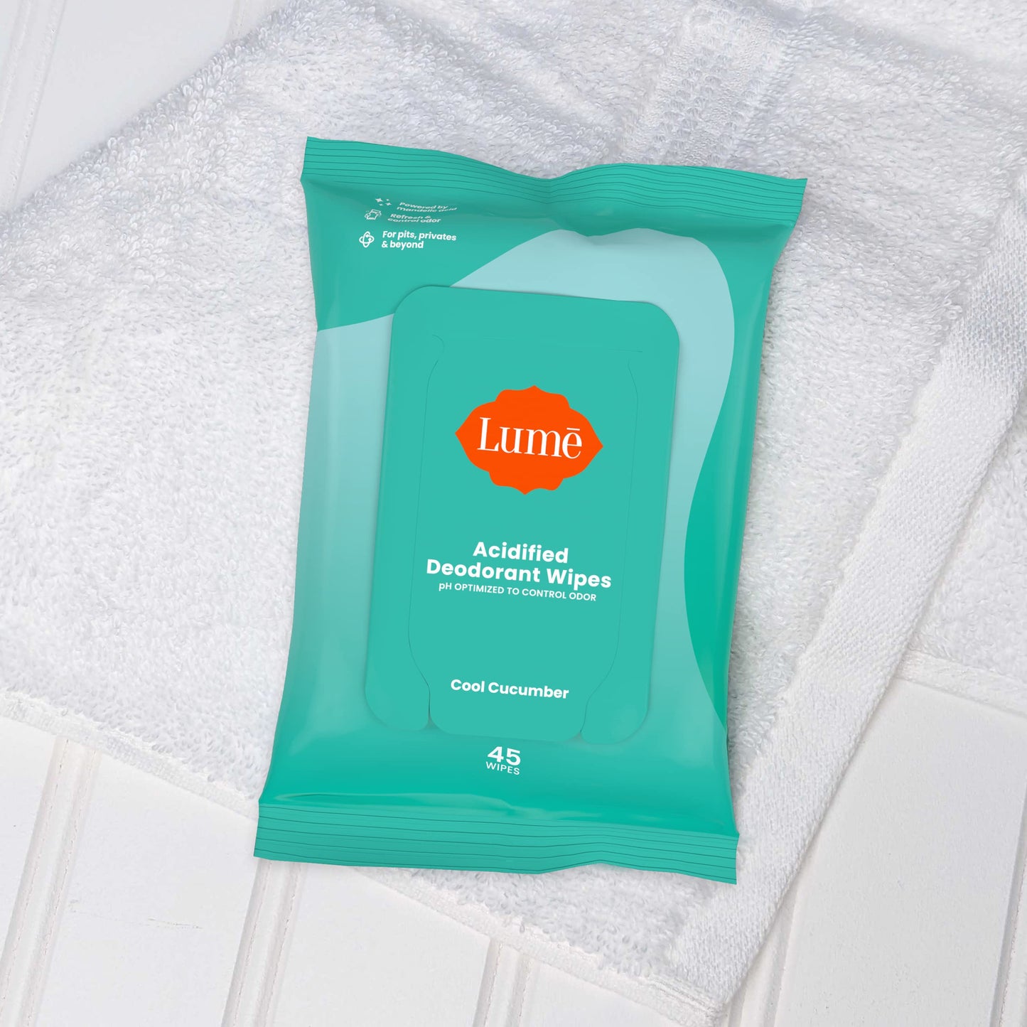 Lume Acidified Deodorant Wipes - 24-Hour Odor Control, Aluminum Free, Cool Cucumber (2-Pack, 45 Count)