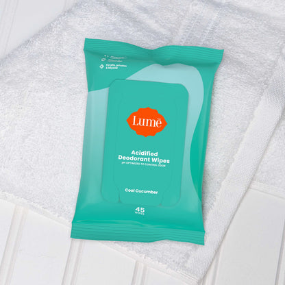 Lume Acidified Deodorant Wipes - 24-Hour Odor Control, Aluminum Free, Cool Cucumber (2-Pack, 45 Count)