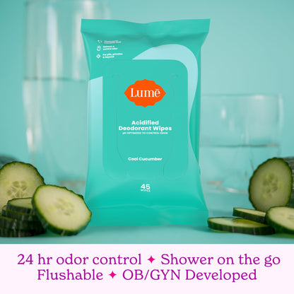 Lume Acidified Deodorant Wipes - 24-Hour Odor Control, Aluminum Free, Cool Cucumber (2-Pack, 45 Count)