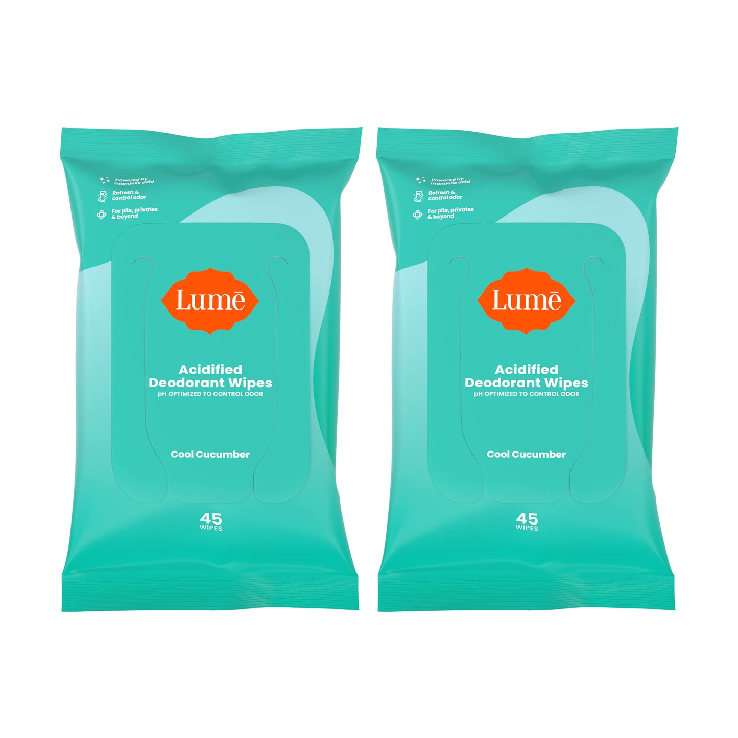 Lume Acidified Deodorant Wipes - 24-Hour Odor Control, Aluminum Free, Cool Cucumber (2-Pack, 45 Count)