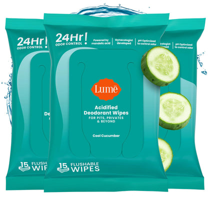 Lume Acidified Deodorant Wipes - 24-Hour Odor Control, Aluminum Free, Cool Cucumber (Pack of 3)