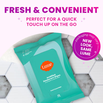 Lume Acidified Deodorant Wipes - 24-Hour Odor Control, Aluminum Free, Cool Cucumber (Pack of 3)