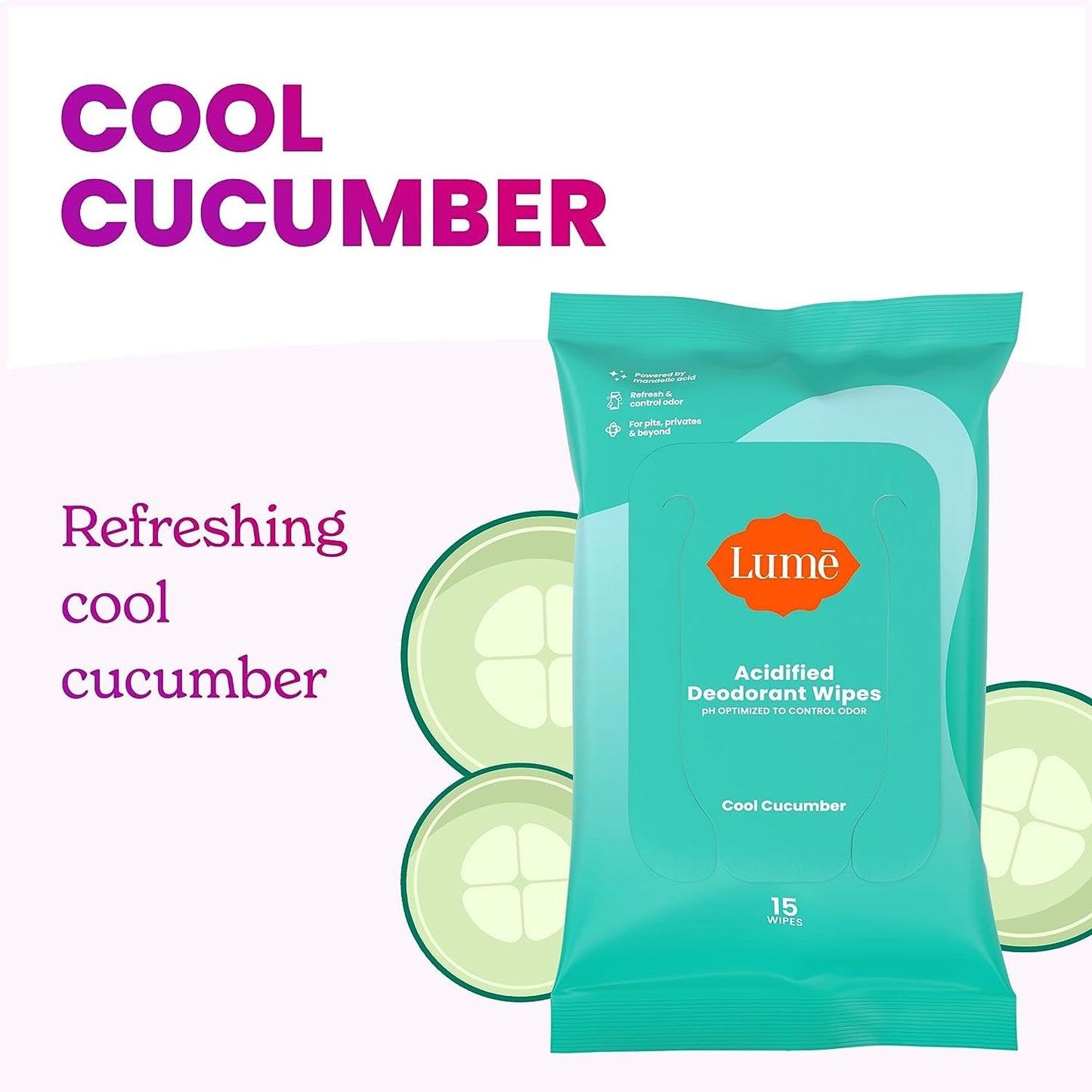 Lume Acidified Deodorant Wipes - 24 Hour Odor Control | Aluminum Free, Baking Soda Free | Cool Cucumber (Pack of 3, 45 Count per Pack)
