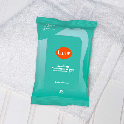 Lume Acidified Deodorant Wipes - 24-Hour Odor Control, Aluminum Free, Cool Cucumber (Pack of 3)