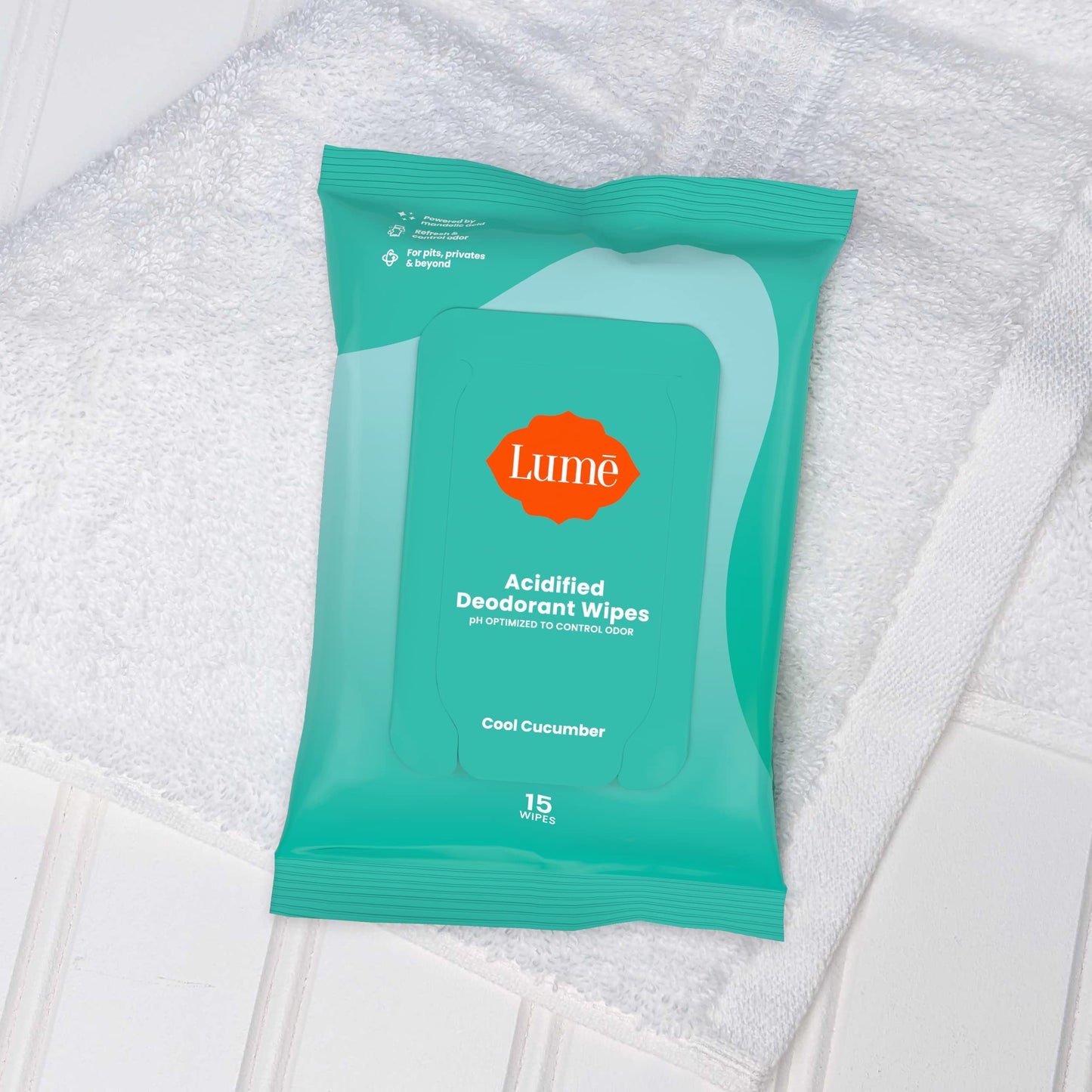 Lume Acidified Deodorant Wipes - 24-Hour Odor Control, Aluminum Free, Cool Cucumber (Pack of 3)