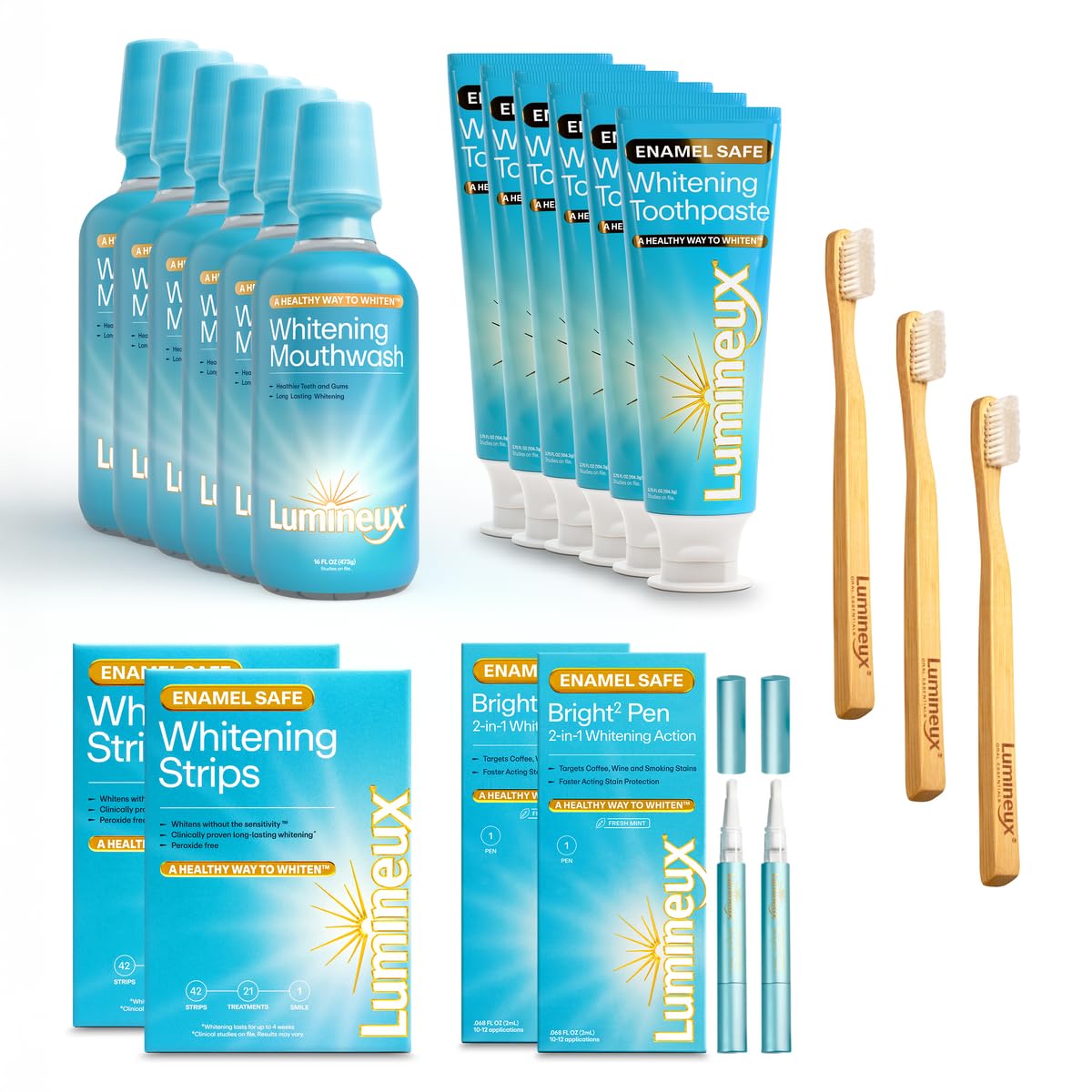Lumineux Longevity Whitening Kit Bundle – 6 Toothpastes, 6 Mouthwashes, 2 Strips, 2 Pens | Enamel-Safe & Clinically Proven