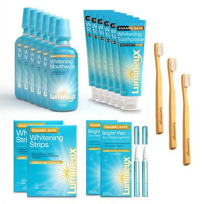 Lumineux Longevity Whitening Kit Bundle – 6 Toothpastes, 6 Mouthwashes, 2 Strips, 2 Pens | Enamel-Safe & Clinically Proven