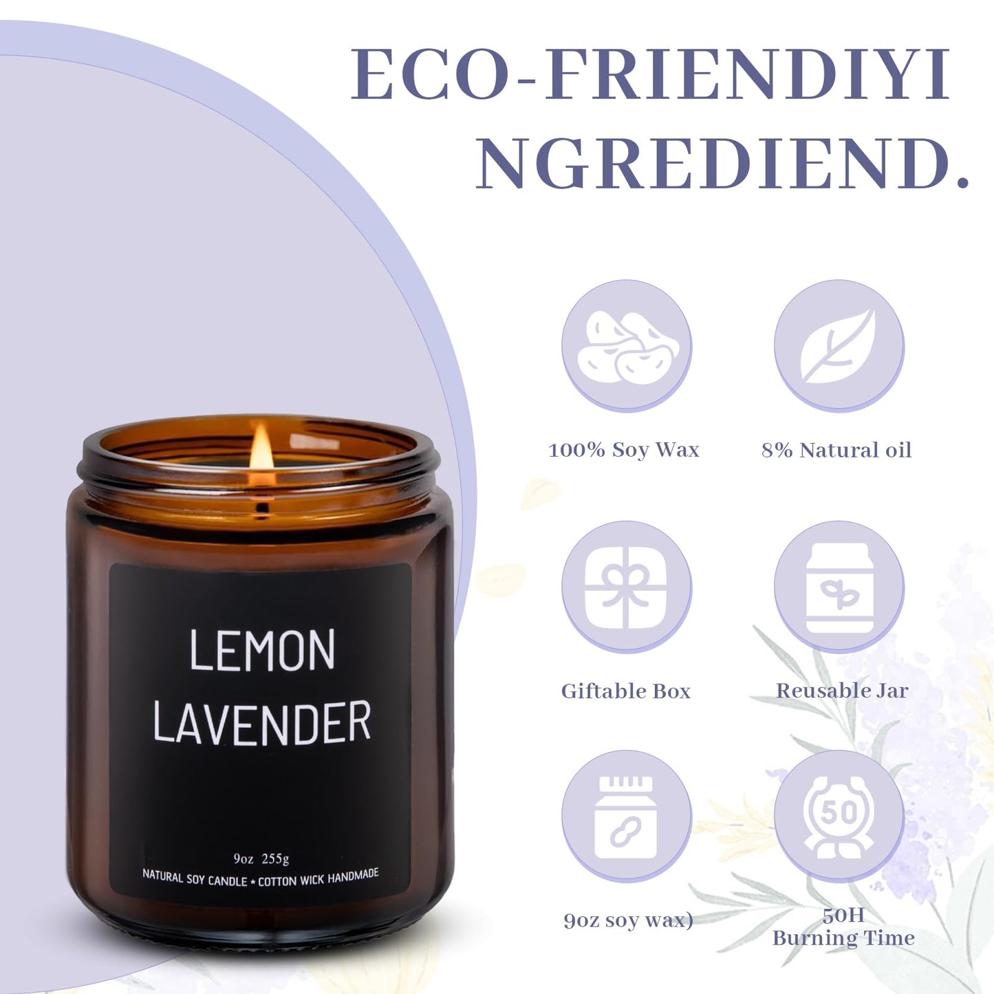 LumiSpace Luxury Lemon & Lavender Candle Gift Set | 100% Natural Soy Wax, 50H Burn