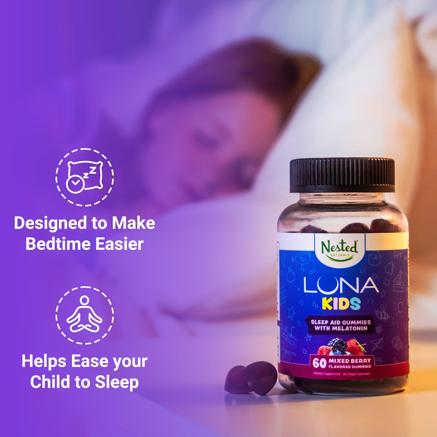 Luna Kids Sleep Gummies – Non-Habit Melatonin for Children, Mixed Berry (60 Vegan Gummies)