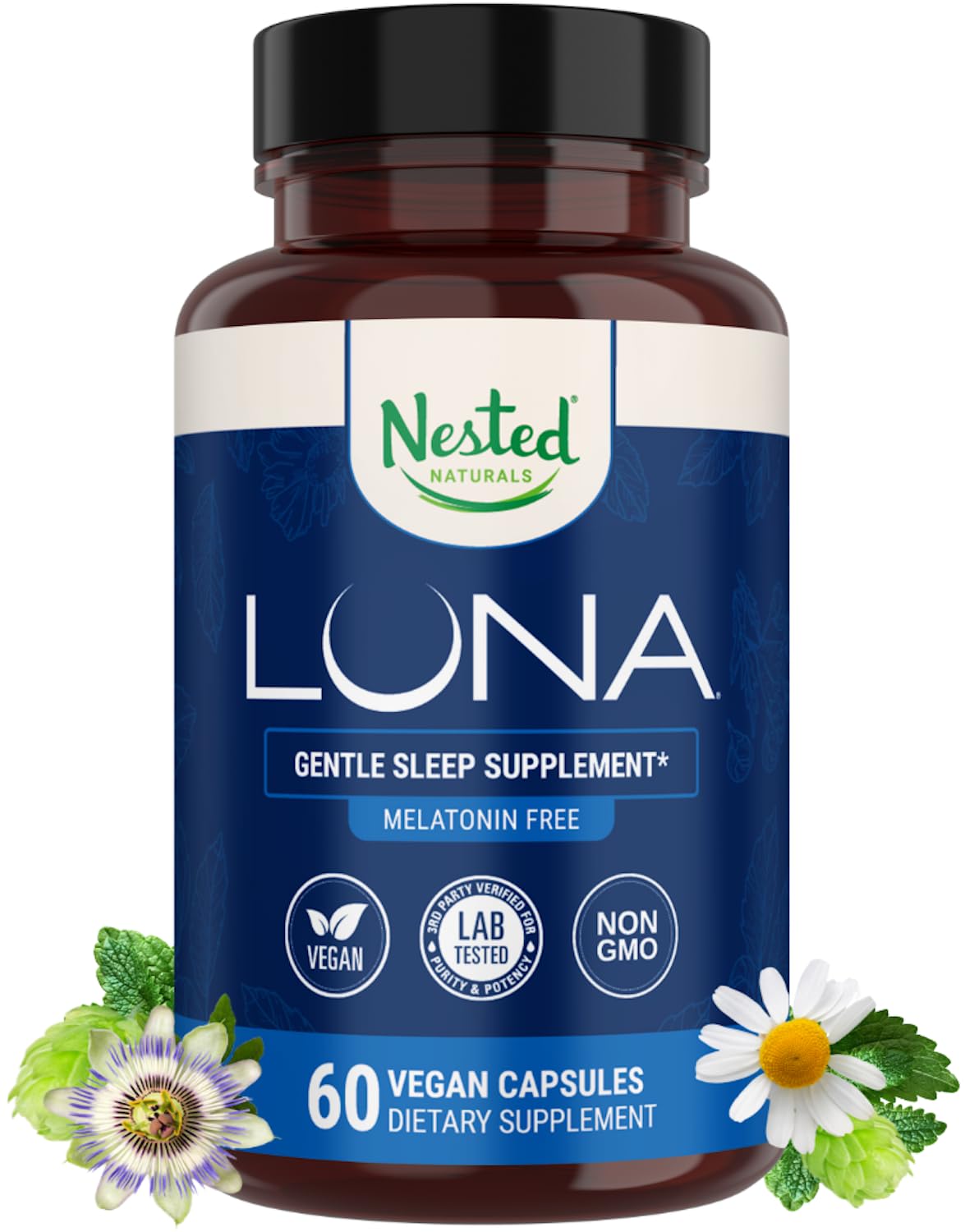 Nested Naturals Luna Sleep Supplement – Melatonin-Free, Non-Habit Forming Sleep Aid with Chamomile, Valerian & L-Theanine | 60 Vegan Capsules