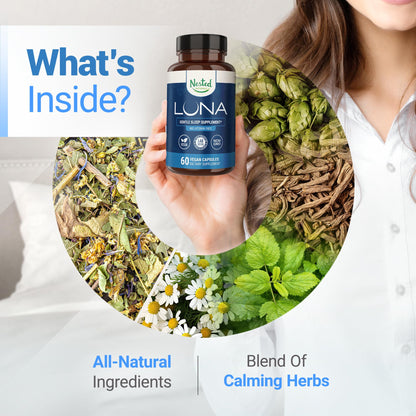 Nested Naturals Luna Sleep Supplement – Melatonin-Free, Non-Habit Forming Sleep Aid with Chamomile, Valerian & L-Theanine | 60 Vegan Capsules
