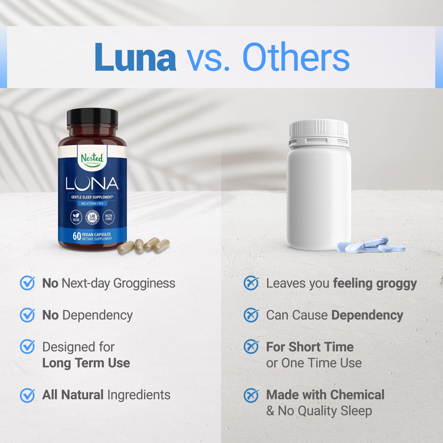 Nested Naturals Luna Sleep Supplement – Melatonin-Free, Non-Habit Forming Sleep Aid with Chamomile, Valerian & L-Theanine | 60 Vegan Capsules