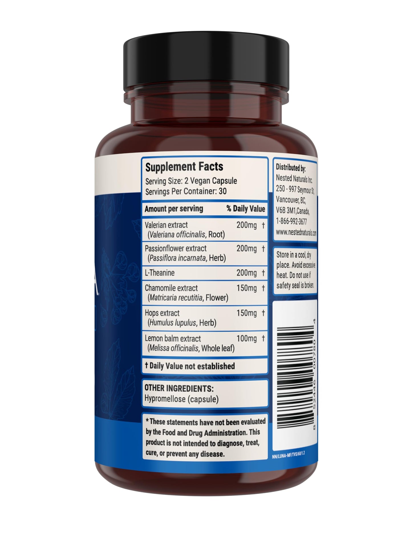 Nested Naturals Luna Sleep Supplement – Melatonin-Free, Non-Habit Forming Sleep Aid with Chamomile, Valerian & L-Theanine | 60 Vegan Capsules