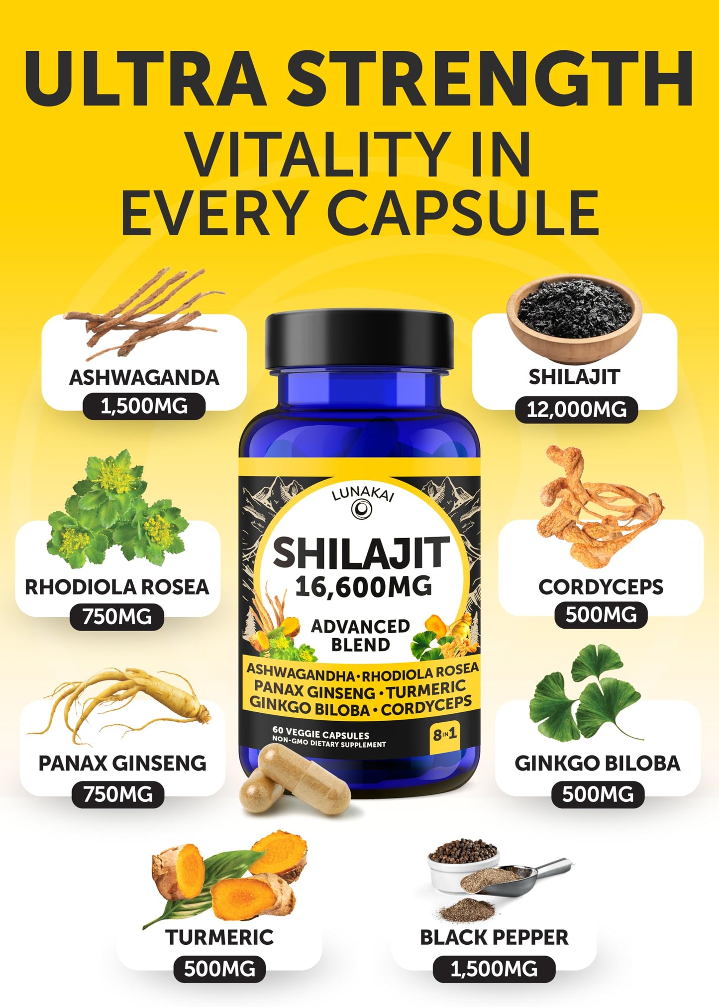 Lunakai USA Made Shilajit Capsules with Ashwagandha & Cordyceps – Extra Strength 60ct