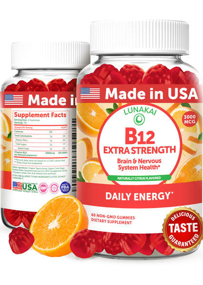 Lunakai Extra Strength 3000mcg Vitamin B12 Gummies — USA Made, Vegan Methylcobalamin, 60ct