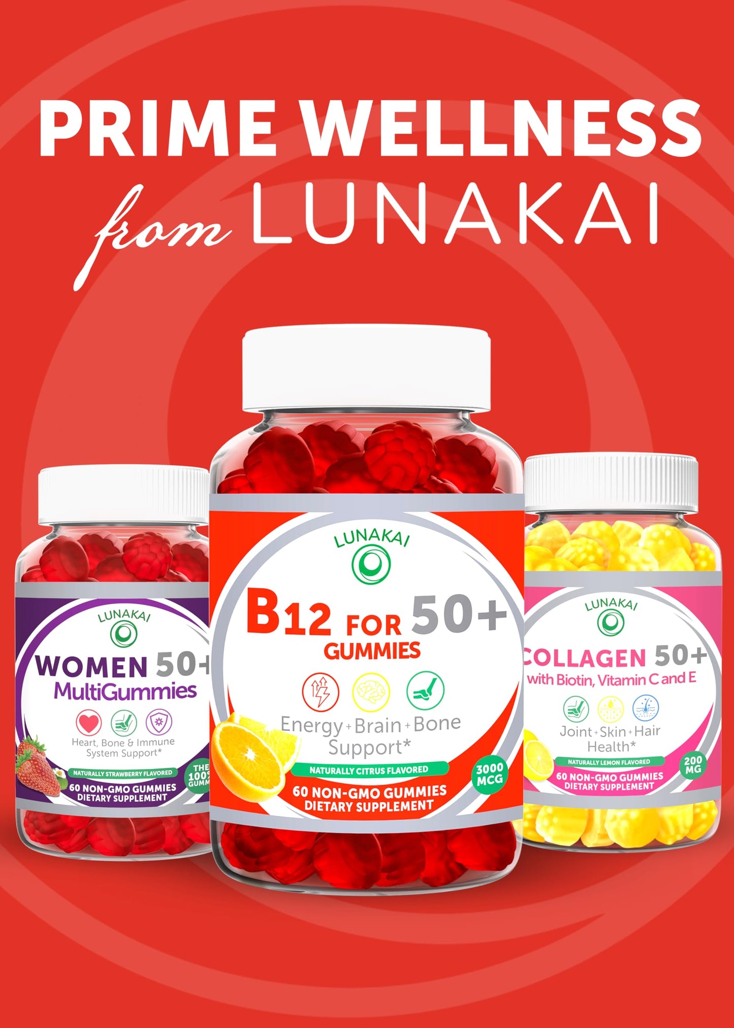 Lunakai USA Made Vitamin B12 Gummies for Adults 50+ - Non-GMO, Energy & Vitality, Orange Flavor, 60ct