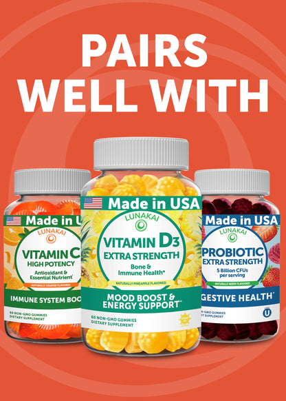 Lunakai USA Calcium Gummies with Magnesium, Zinc, Vitamin D3 & K2 – 60ct