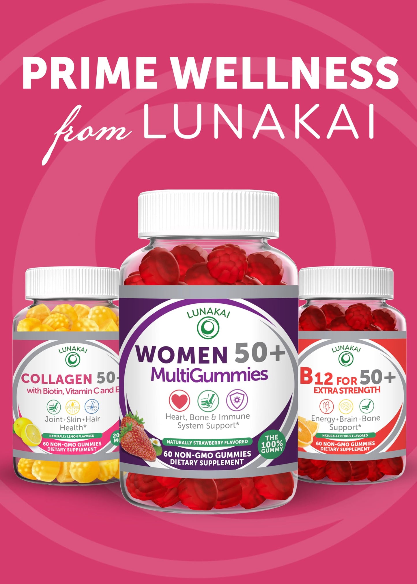 Lunakai USA Made Collagen Gummies for Women & Men Over 50 – Biotin, Vitamin C, Skin Elasticity, Hair & Nails, Joint Support (60ct)