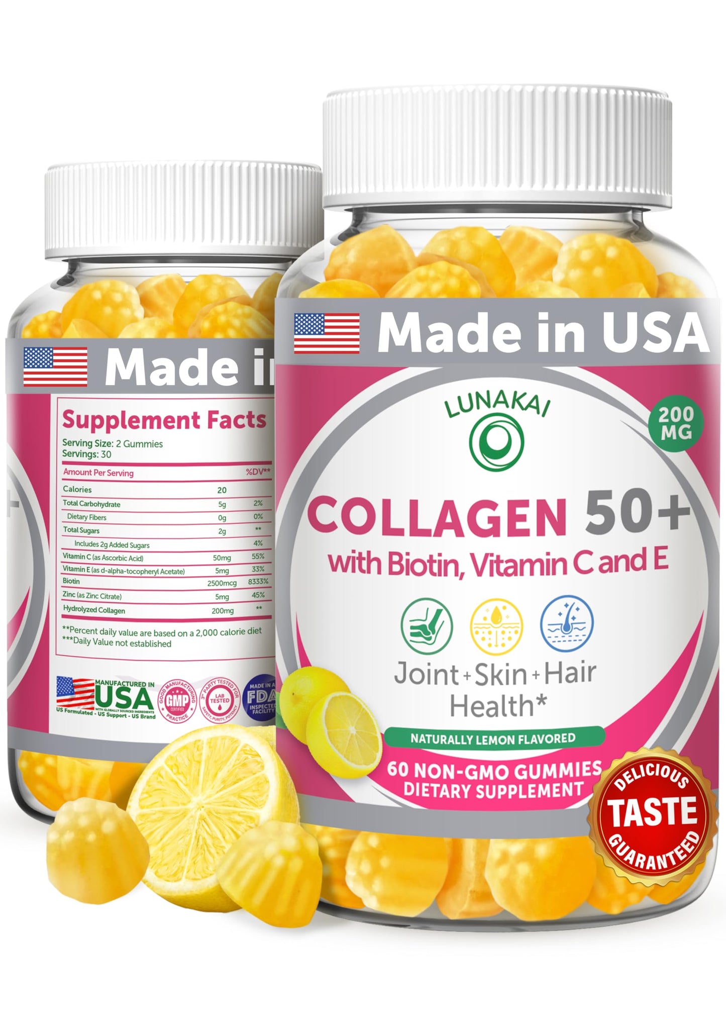 Lunakai USA Made Collagen Gummies for Women & Men Over 50 – Biotin, Vitamin C, Skin Elasticity, Hair & Nails, Joint Support (60ct)