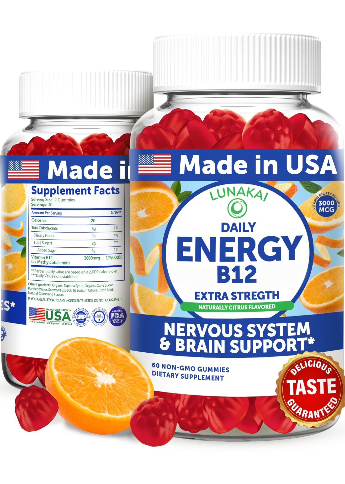 Lunakai Energy Gummies – USA Made Vegan B12 (3000 mcg) 60ct