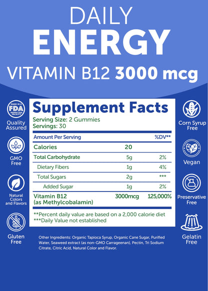 Lunakai Energy Gummies – USA Made Vegan B12 (3000 mcg) 60ct