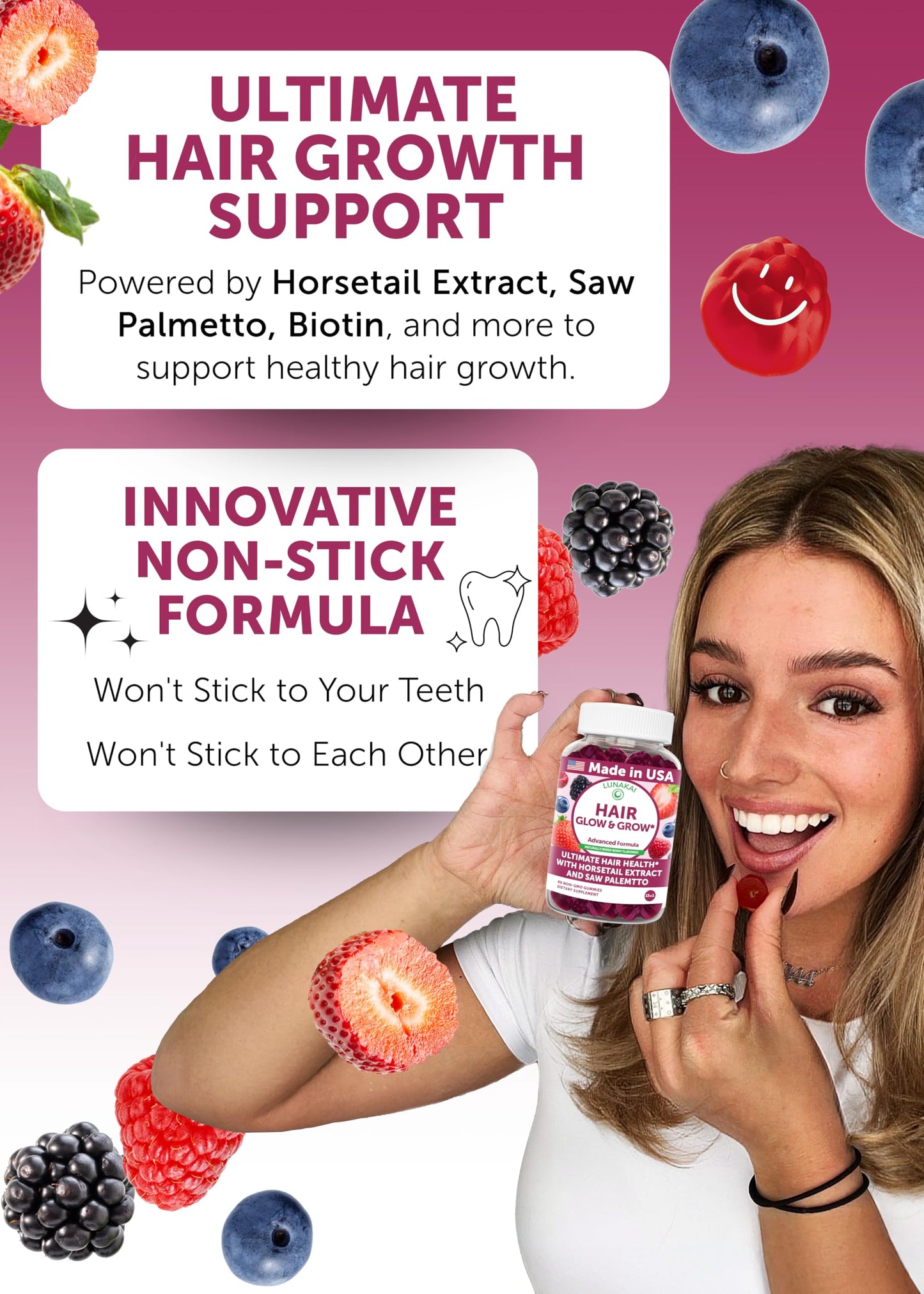 Lunakai USA Made Hair Gummies – Biotin, Zinc & Horsetail | Hair Growth Vitamins 60ct