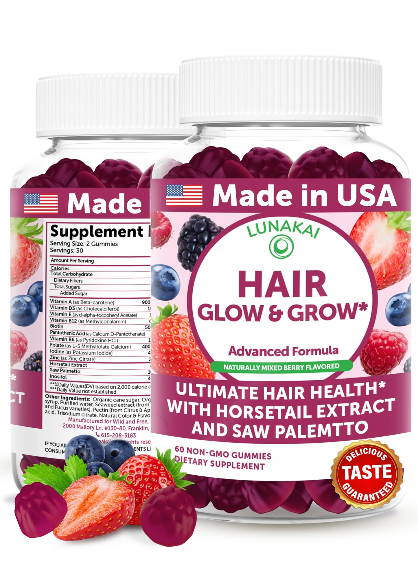 Lunakai USA Made Hair Gummies – Biotin, Zinc & Horsetail | Hair Growth Vitamins 60ct