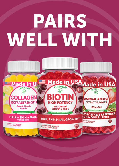 Lunakai USA Made Hair Gummies – Biotin, Zinc & Horsetail | Hair Growth Vitamins 60ct