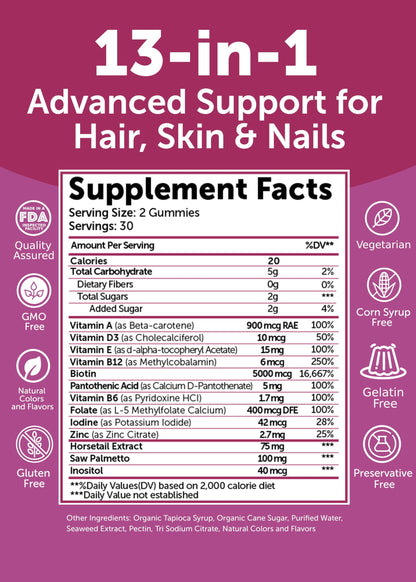 Lunakai USA Made Hair Gummies – Biotin, Zinc & Horsetail | Hair Growth Vitamins 60ct