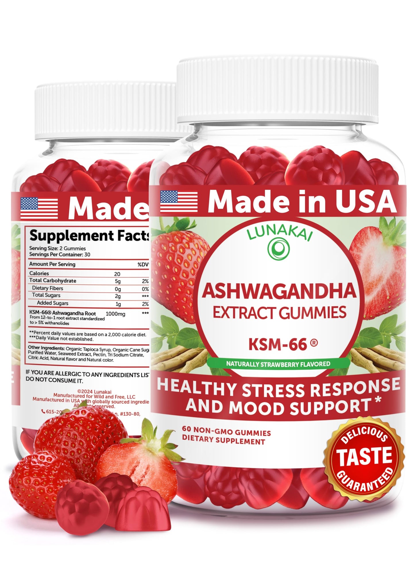 Lunakai USA Made KSM-66 Ashwagandha Gummies – Stress, Mood & Sleep Support (60ct)