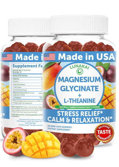 Lunakai Magnesium Glycinate Gummies with L-Theanine - 420mg Magnesium for Calm, Sleep & Stress Support (60ct)