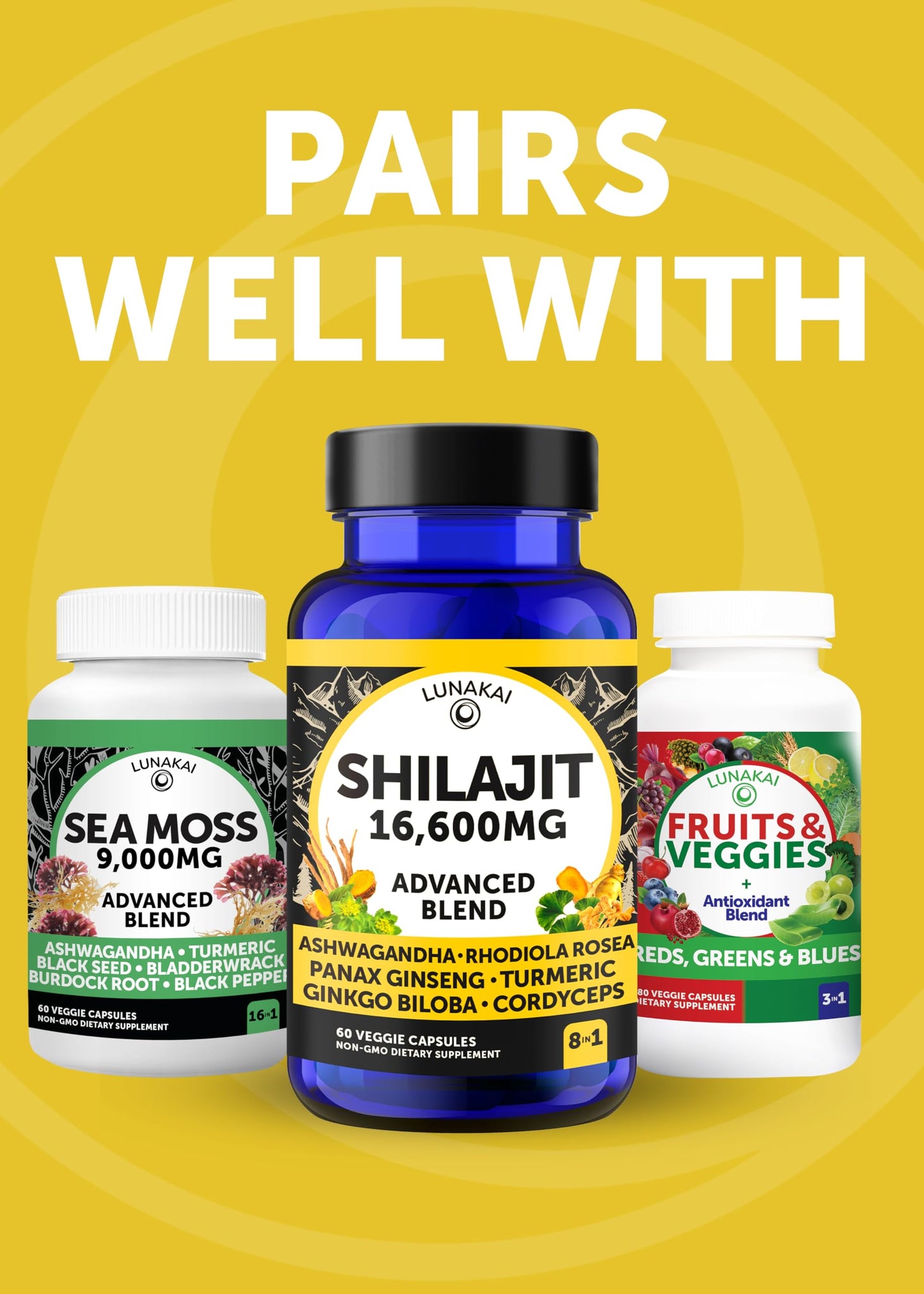 Lunakai USA Made Shilajit Capsules with Ashwagandha & Cordyceps – Extra Strength 60ct