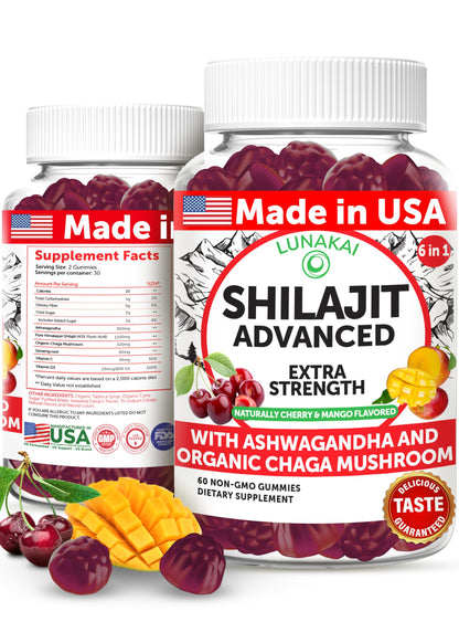 Lunakai USA Made Shilajit Gummies 1200mg with Ashwagandha & Chaga – 60ct