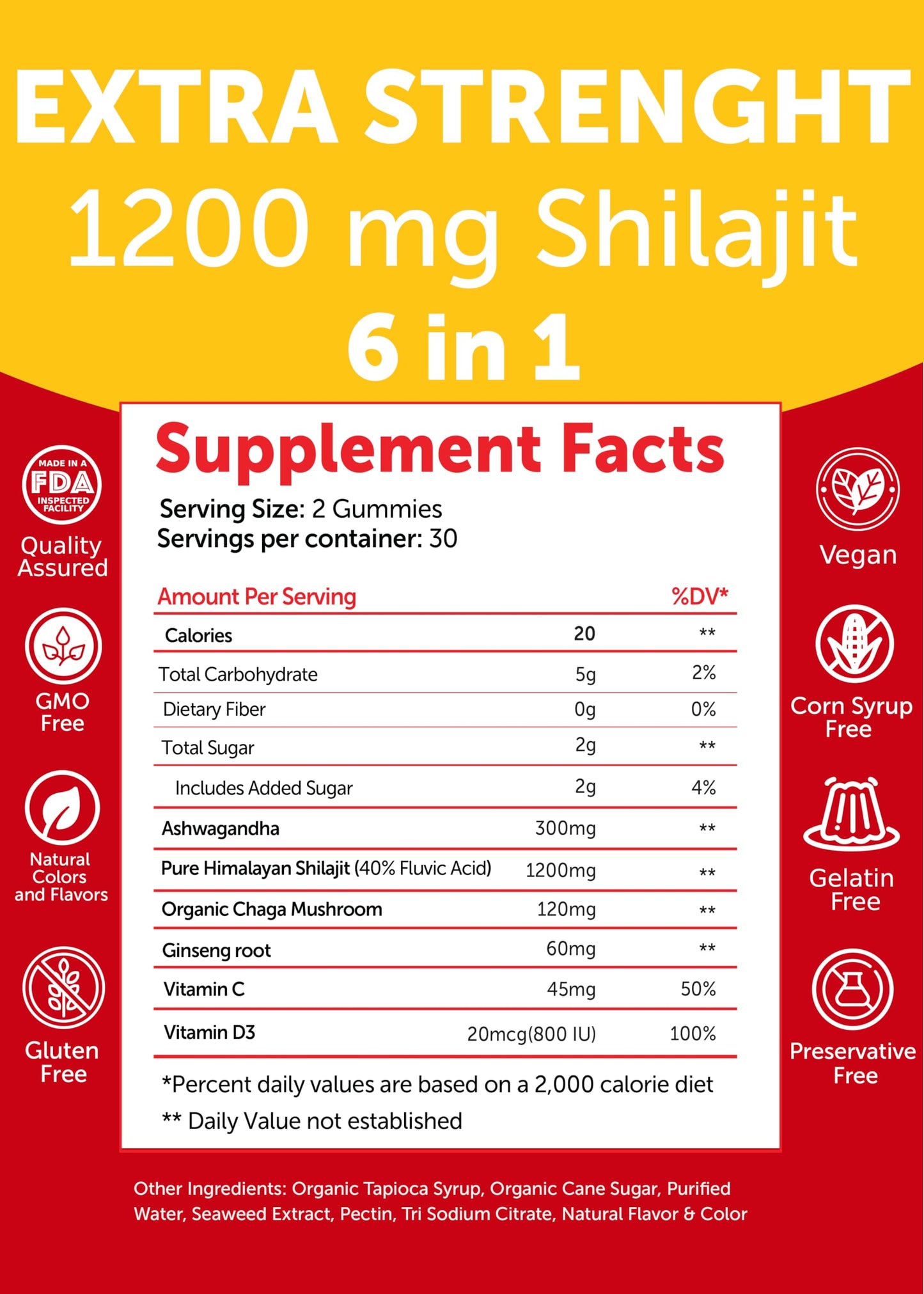 Lunakai USA Made Shilajit Gummies 1200mg with Ashwagandha & Chaga – 60ct
