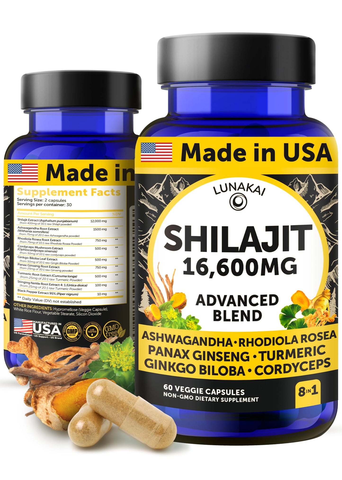 Lunakai USA Made Shilajit Capsules with Ashwagandha & Cordyceps – Extra Strength 60ct