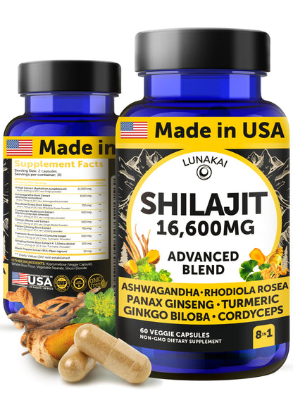 Lunakai USA Made Shilajit Capsules with Ashwagandha & Cordyceps – Extra Strength 60ct