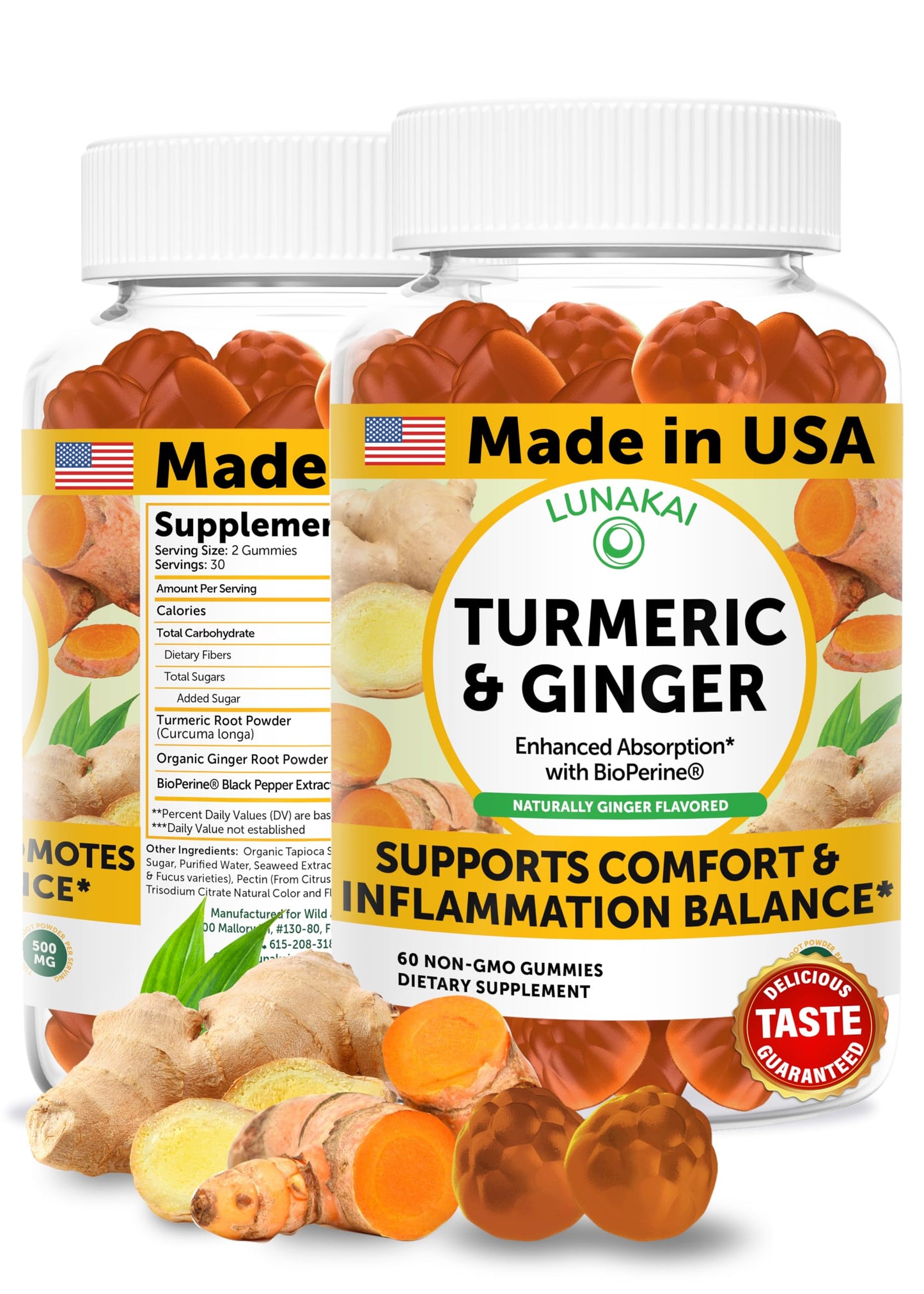 Lunakai USA Made Turmeric Gummies with Ginger & BioPerine – High Absorption, Joint & Immune Support (60ct)