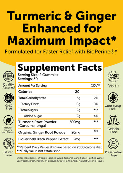 Lunakai USA Made Turmeric Gummies with Ginger & BioPerine – High Absorption, Joint & Immune Support (60ct)